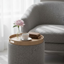 Set 2 Pouf Contenitori Sasha Grigio in Bouclé con Vassoio in Frassino