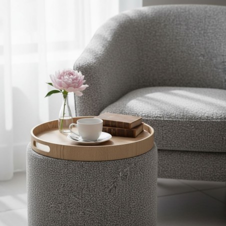 Set 2 Pouf Contenitori Sasha Grigio in Bouclé con Vassoio in Frassino