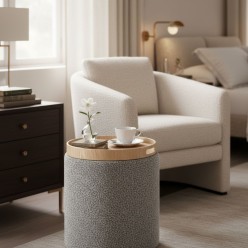 Set 2 Pouf Contenitori Sasha Grigio in Bouclé con Vassoio in Frassino