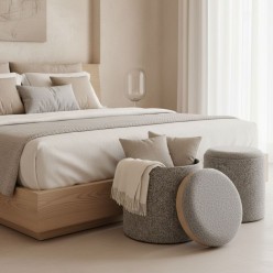 Set 2 Pouf Contenitori Sasha Grigio in Bouclé con Vassoio in Frassino