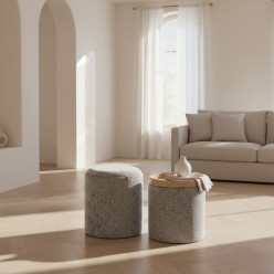 Set 2 Pouf Contenitori Sasha Grigio in Bouclé con Vassoio in Frassino