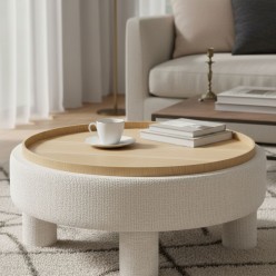 Pouf Contenitore con Tavolino Integrato in Rovere e Tessuto Ivory