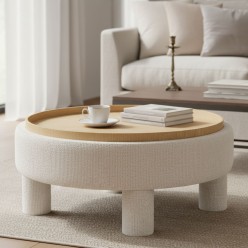 Pouf Contenitore con Tavolino Integrato in Rovere e Tessuto Ivory
