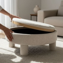 Pouf Contenitore con Tavolino Integrato in Rovere e Tessuto Ivory