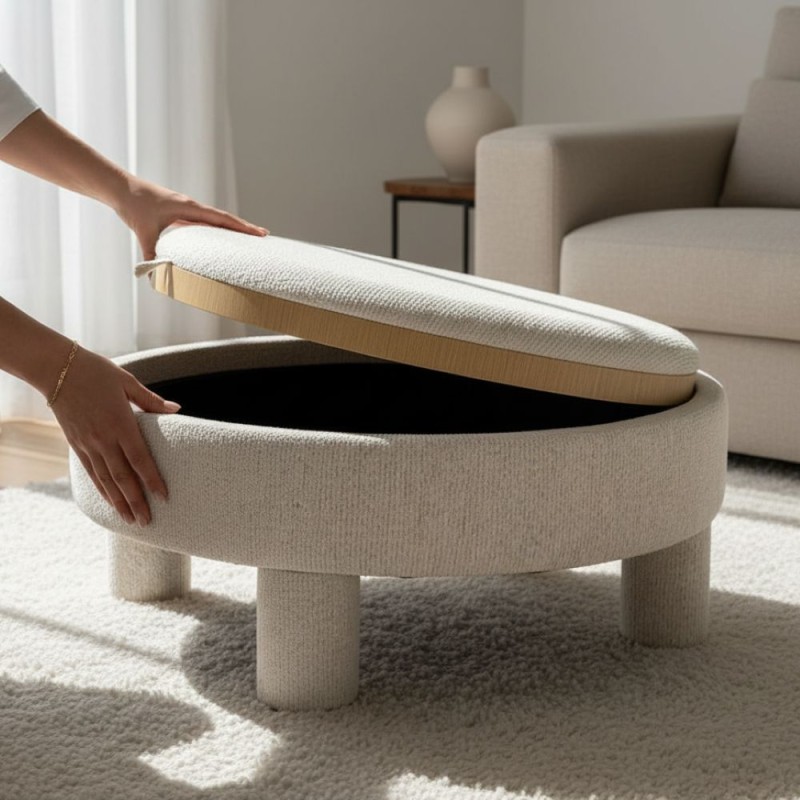 Pouf Contenitore con Tavolino Integrato in Rovere e Tessuto Ivory Pouf Contenitore con Tavolino Integrato in Rovere e Tessuto Ivory