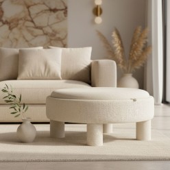 Pouf Contenitore con Tavolino Integrato in Rovere e Tessuto Ivory