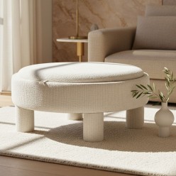 Pouf Contenitore con Tavolino Integrato in Rovere e Tessuto Ivory