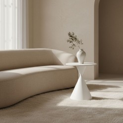 Collezione Tavolini Joona: Design Scultoreo in Gres Porcellanato e Acciaio Bianco