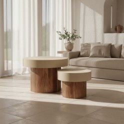 Set 2 Tavolini Ananya: Minimalismo Materico in Acacia e Acciaio Sand