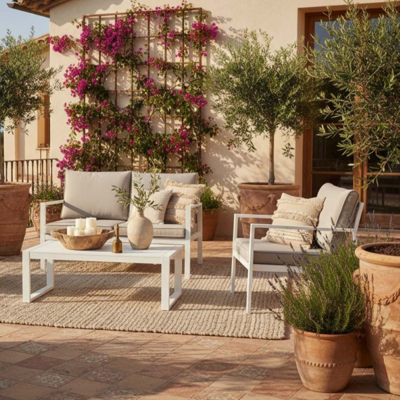 Salotto Outdoor Hilde Bianco: Alluminio, Textilene e Comfort Spun Poly