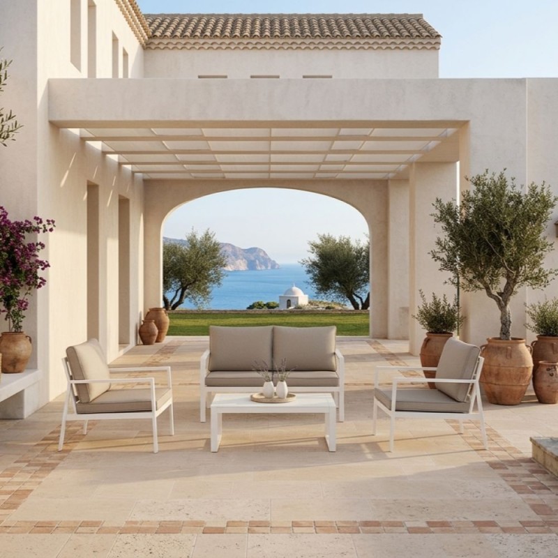 Salotto Outdoor Hilde Bianco: Alluminio, Textilene e Comfort Spun Poly