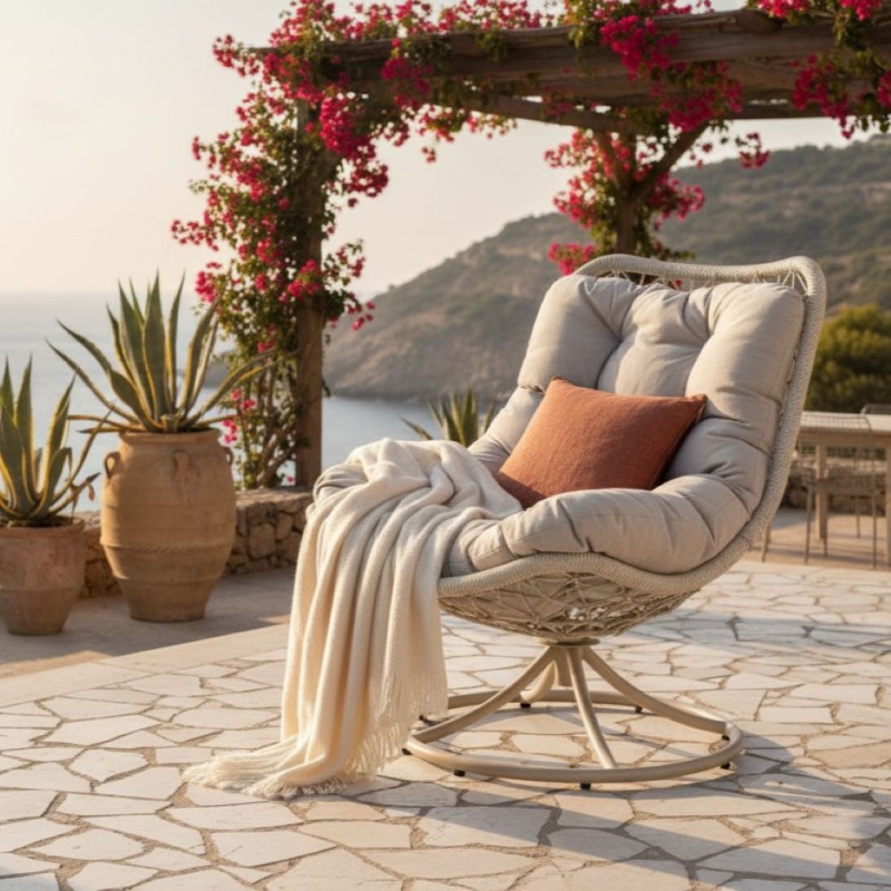 Poltrona da esterno girevole con cuscino beige idrorepellente Poltrona da esterno girevole con cuscino beige idrorepellente