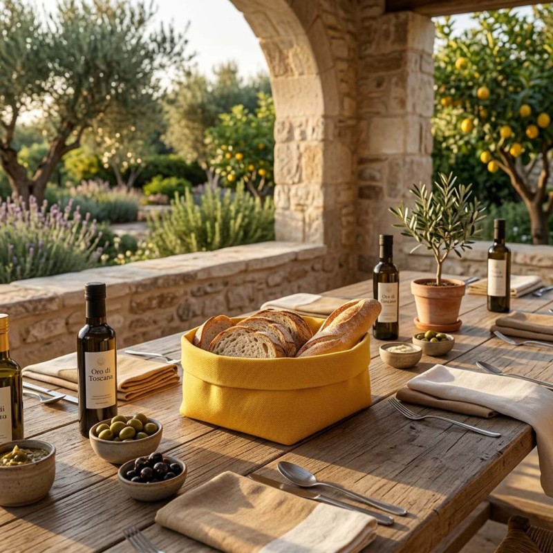 Cestino da tavola in stoffa ocra Clori, calore e funzionalità in stile naturale Cestino da tavola in stoffa ocra Clori, calore e funzionalità in stile naturale