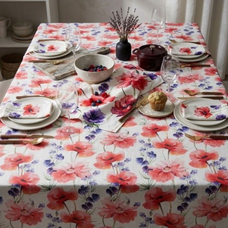 Tovaglia con fiore di papavero in Panama di Cotone Collezione Calipso - Rosso Floreale