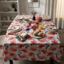 Tovaglia con fiore di papavero in Panama di Cotone Collezione Calipso - Rosso Floreale