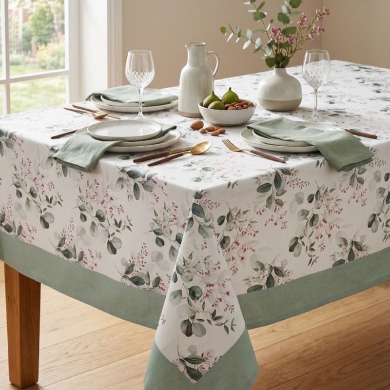 Tovaglia in Puro Cotone collezione Ettore – Eucalipto con fiore in Vari Formati | Lemoire Home