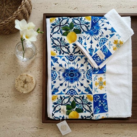 Set Asciugamani Amalfi Viso Ospite Maiolica e Limoni 100% Cotone Lemoire