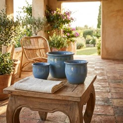 Set 3 Cachepot Bombati Azure in Ceramica Smaltata H32 D38