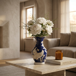 Vaso Chinoiserie Foo Flare in Porcellana Blu e Tortora