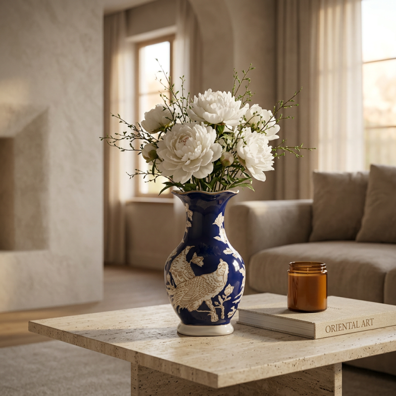 Vaso Chinoiserie Foo Flare in Porcellana Blu e Tortora Vaso Chinoiserie Foo Flare in Porcellana Blu e Tortora