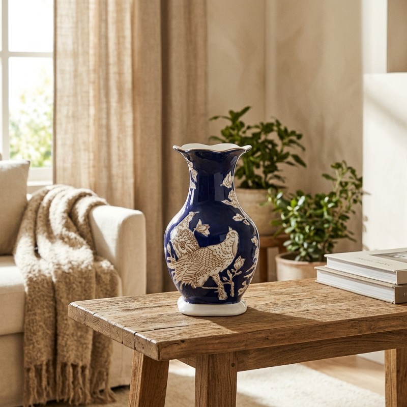 Vaso Chinoiserie Foo Flare in Porcellana Blu e Tortora Vaso Chinoiserie Foo Flare in Porcellana Blu e Tortora