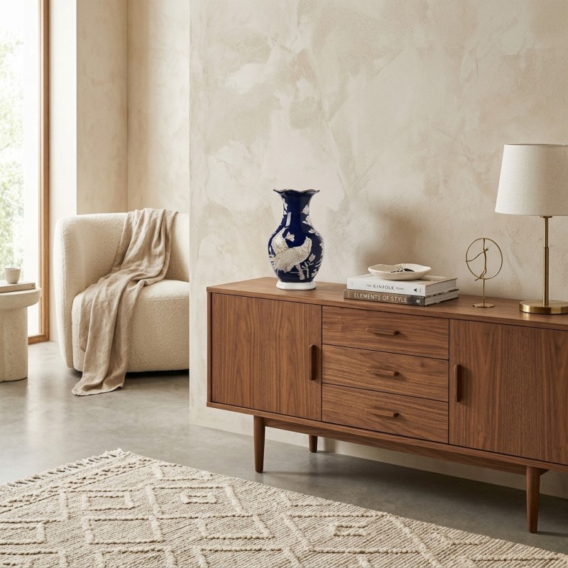 Vaso Chinoiserie Foo Flare in Porcellana Blu e Tortora Vaso Chinoiserie Foo Flare in Porcellana Blu e Tortora