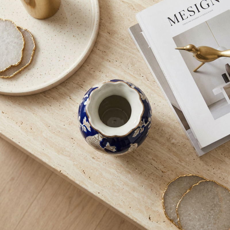 Vaso Chinoiserie Foo Flare in Porcellana Blu e Tortora Vaso Chinoiserie Foo Flare in Porcellana Blu e Tortora