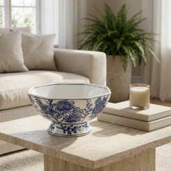 Bowl Chinoiserie Ottagonale in Ceramica Bianco e Blu H15 D28 Abhika