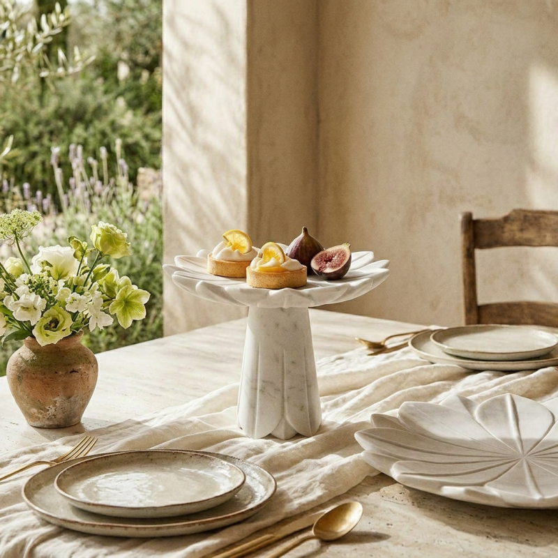 Alzata e Piatto Lotus in Marmo Bianco Abhika | Lemoire Home