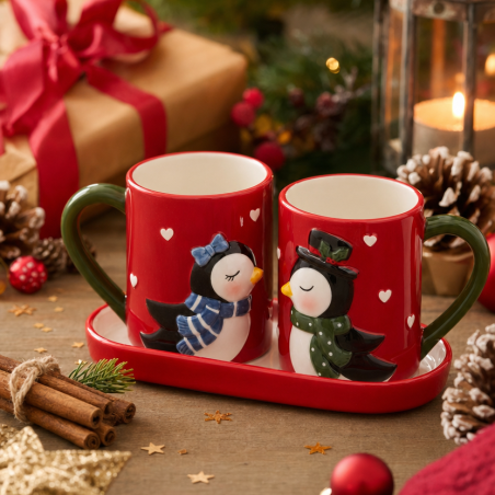 Set 2 Tazze Bacio con Vassoio "Pinguini Innamorati" in Ceramica - Idea Regalo Natale Coppia