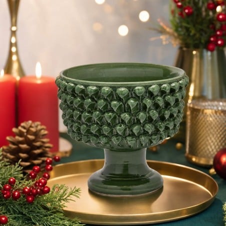 Vaso Ciotola con Piede "Fenice Pigna" in Ceramica Verde D28 H24 - EDG Enzo De Gasperi