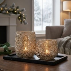 Portacandele in vetro con perline dorate e argentate - Collezione Natale