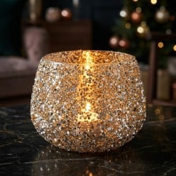 Portacandele in vetro con perline dorate e argentate - Collezione Natale