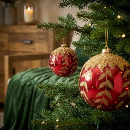 Sfera Natale in Vetro Rosso con Decori Oro – Collezione Esclusiva
