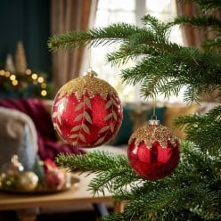 Sfera Natale in Vetro Rosso con Decori Oro – Collezione Esclusiva