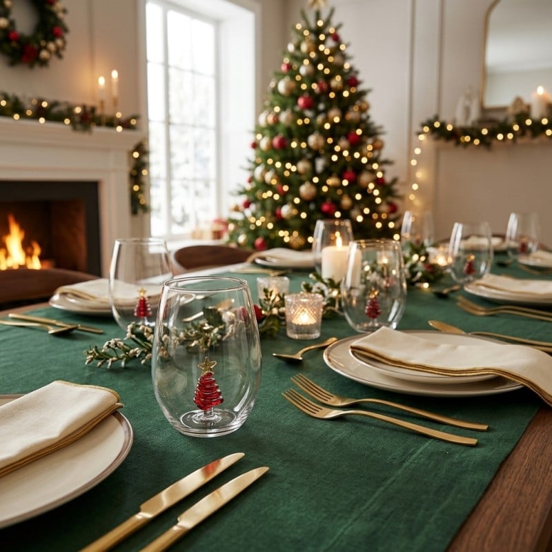 Bicchiere con Albero di Natale in Vetro Soffiato