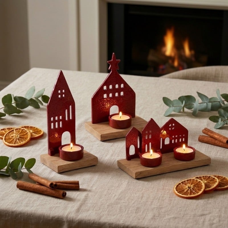 Portacandele Natalizio Cornwall in Ceramica Rossa e Legno | Bizzotto