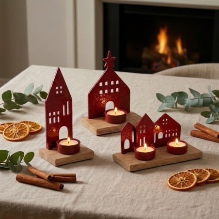 Portacandele Natalizio Cornwall in Ceramica Rossa e Legno | Bizzotto