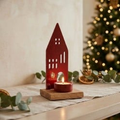 Portacandele Natalizio Cornwall in Ceramica Rossa e Legno | Bizzotto