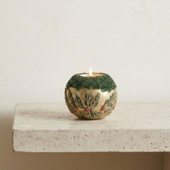 Portacandele Natalizio in Vetro con Decorazioni a Perline e Agrifoglio