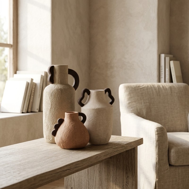 Tris Vasi Jorg in Gres con Manici Scultorei | Lemoire Home