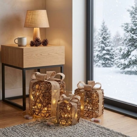 Set 3 Pacchi Regalo Luminosi Winfield in Rattan con LED