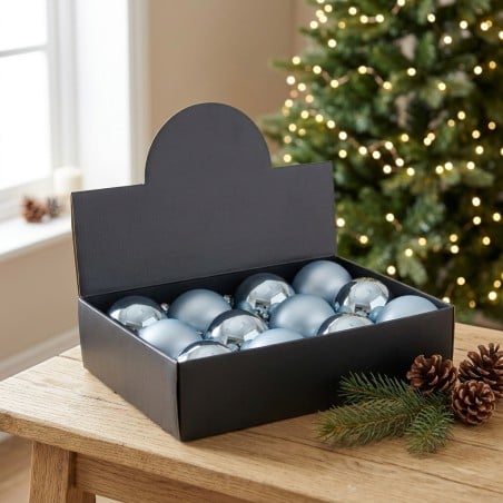 Confezione di Sfere Natalizie in Vetro Celeste Lucide e Opache (Set 12 pz)