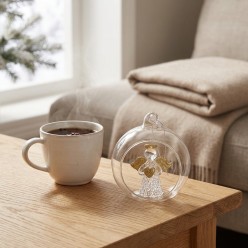 Sfera di Natale in Vetro con Angelo Custode Oro e Cuore 8 cm
