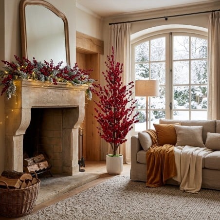 Albero Natalizio di Bacche Rosse con Vaso Bianco | 135 cm