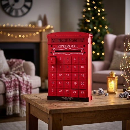 Calendario dell'Avvento in Legno Rosso a Forma di Cassetta Postale