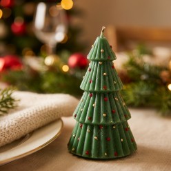 Candela Natalizia ad Albero Verde con Dettagli Oro e Rossi | Lemoire