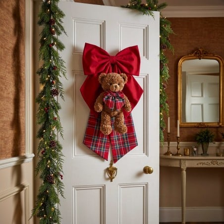 Fiocco fuoriporta natalizio tartan con orsetto fatto a mano