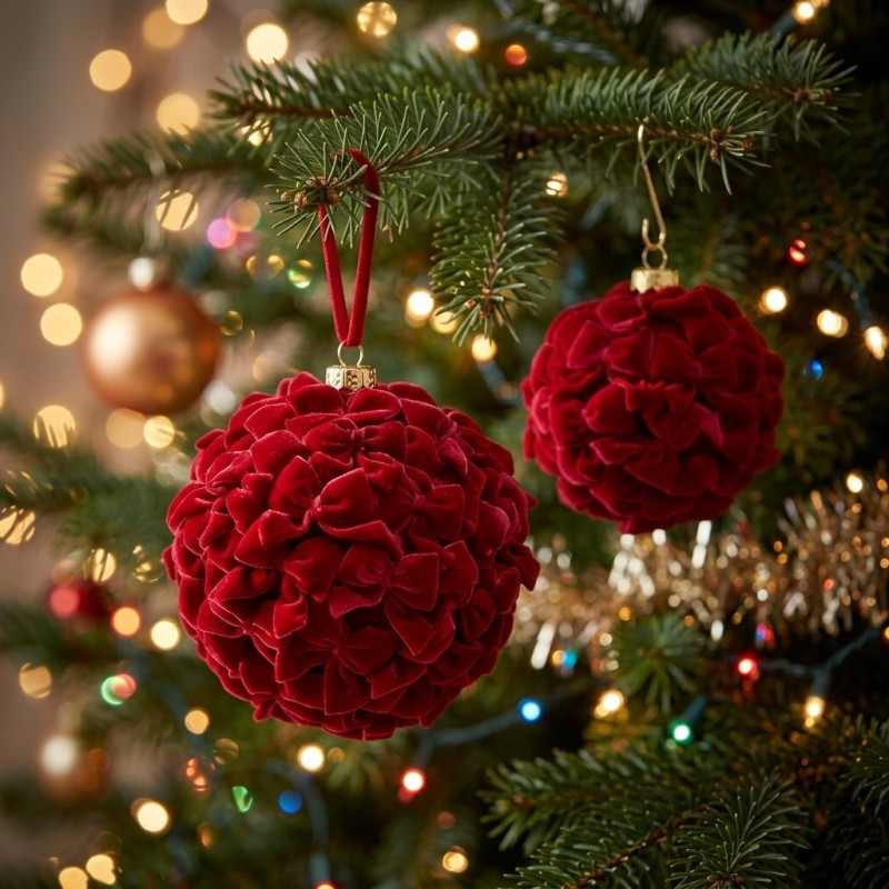 Palla di Natale in Velluto con Fiocchi - Decorazione Artigianale