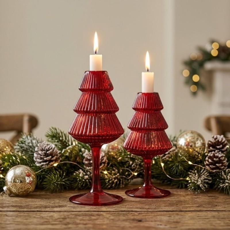 Portacandela Natalizio a Calice "Pino" in Vetro Rosso - EDG Enzo De Gasperi (H 16 cm / 19 cm)
